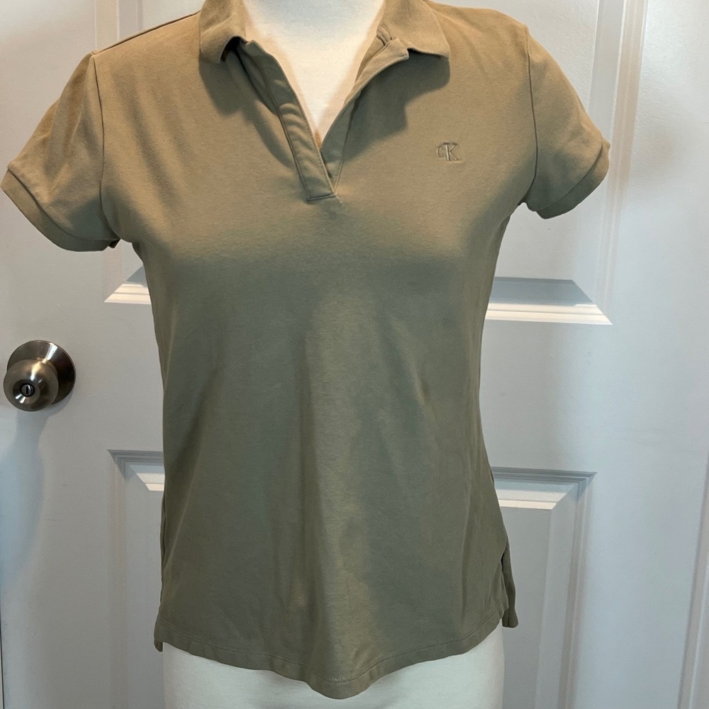 Calvin Klein Womens Polo Shirt‎ Embroidered CK Logo Olive Green Size S